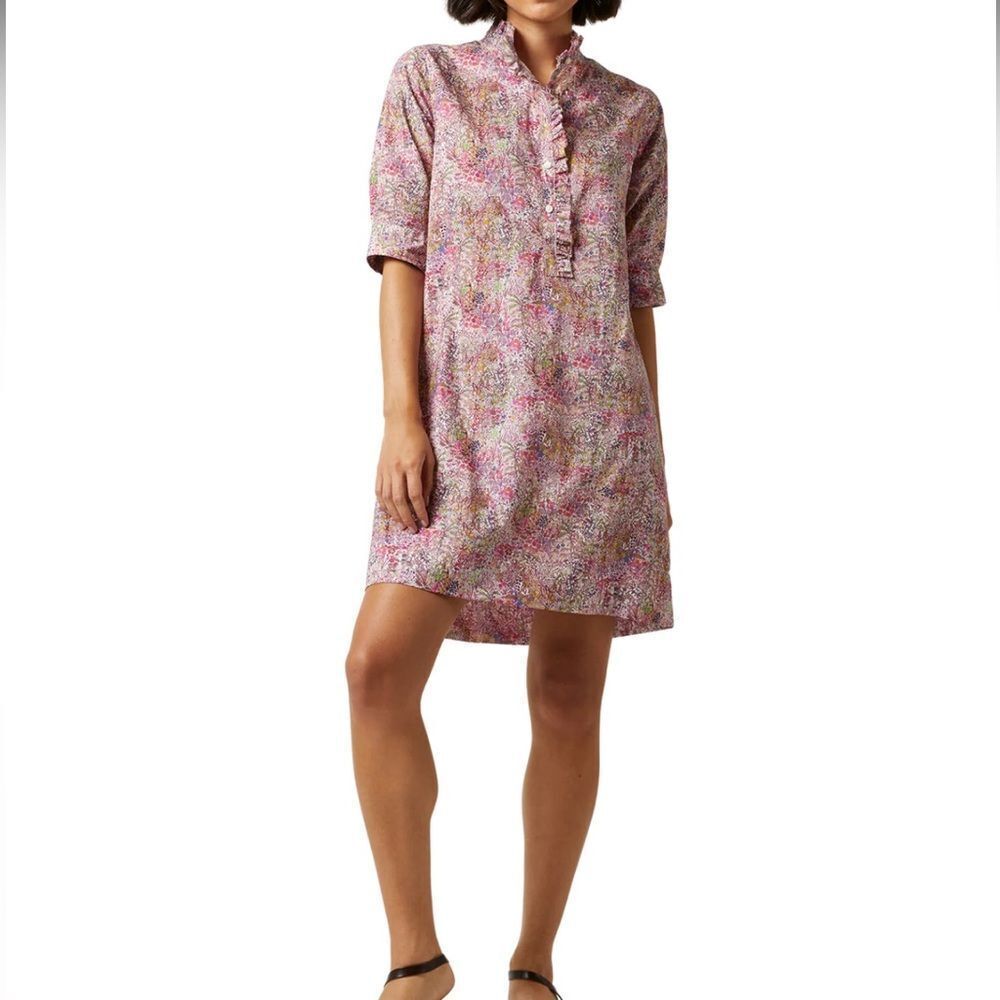 Ann Mashburn Elbow-Sleeve Frill Dress in the "Orchid Fields